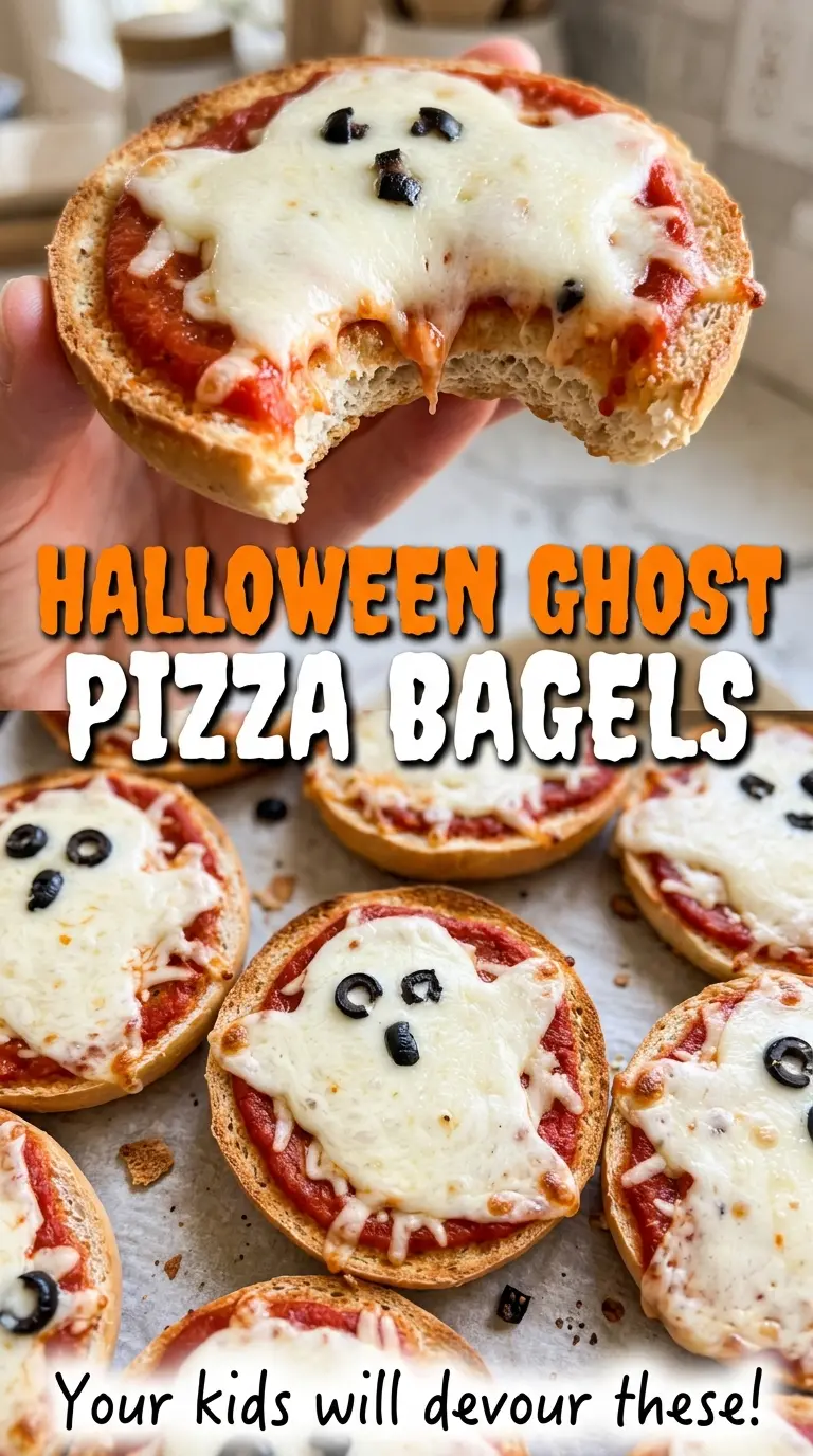 Halloween ghost pizza bagels with mozzarella ghosts