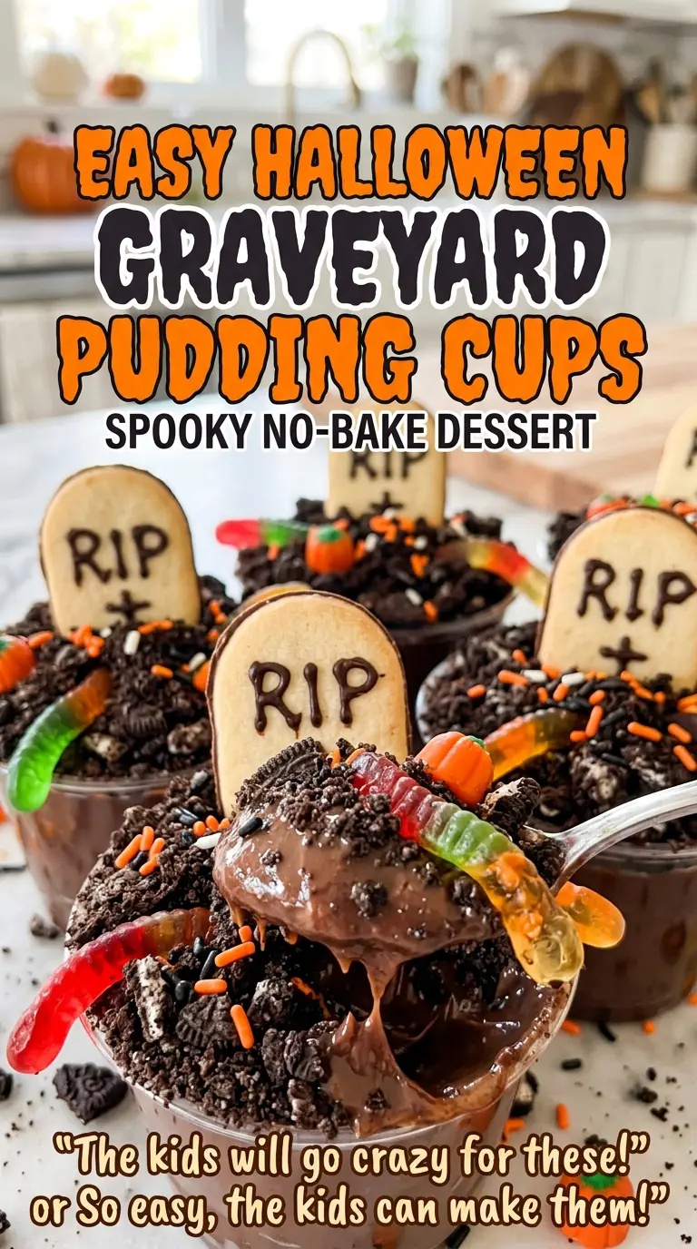 Halloween graveyard pudding cups with Milano tombstones