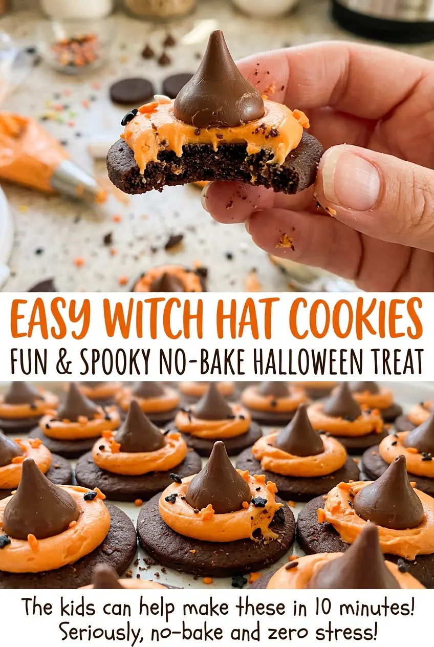 Easy Witch Hat Cookies with orange icing and chocolate kisses