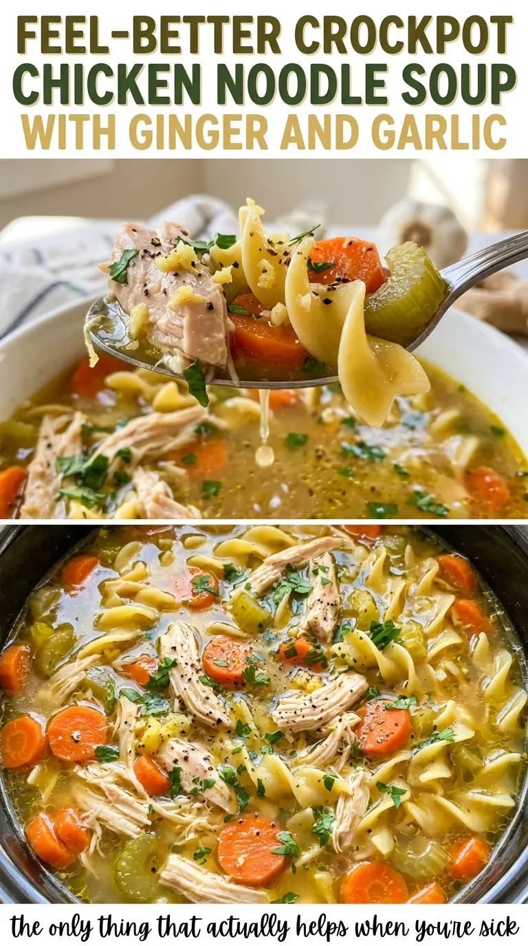 Feel-Better Crockpot Chicken Noodle Soup, cozy ginger broth