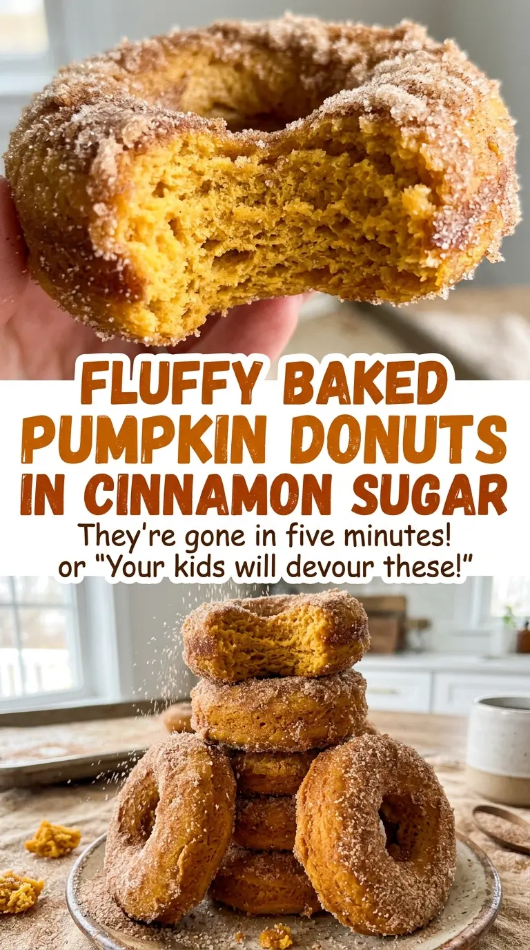 Fluffy baked pumpkin donuts in cinnamon sugar, tender spiced crumb