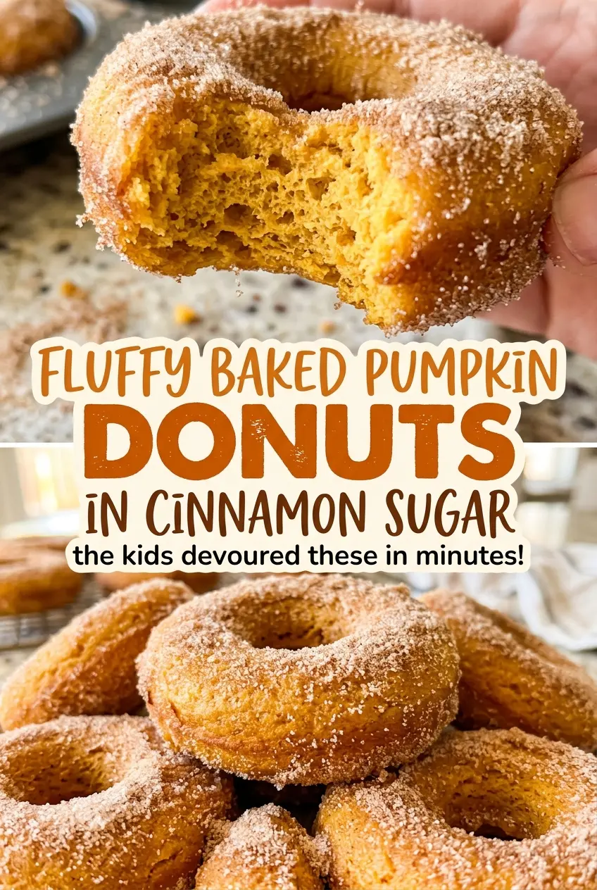Fluffy baked pumpkin donuts in cinnamon sugar, soft golden rings