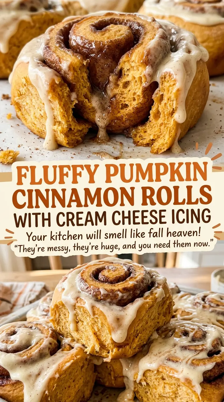 Fluffy Pumpkin Cinnamon Rolls with Cream Cheese Icing, frosted swirls