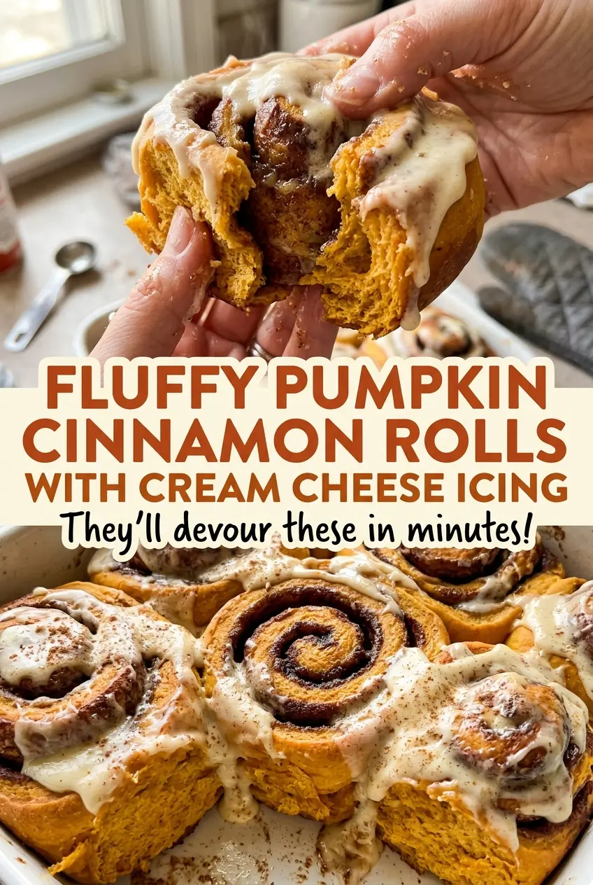 Fluffy Pumpkin Cinnamon Rolls with Cream Cheese Icing, golden spirals