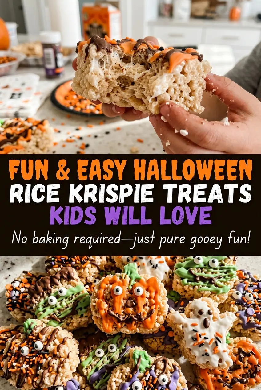 Halloween Rice Krispie Treats with orange color and candy eyes