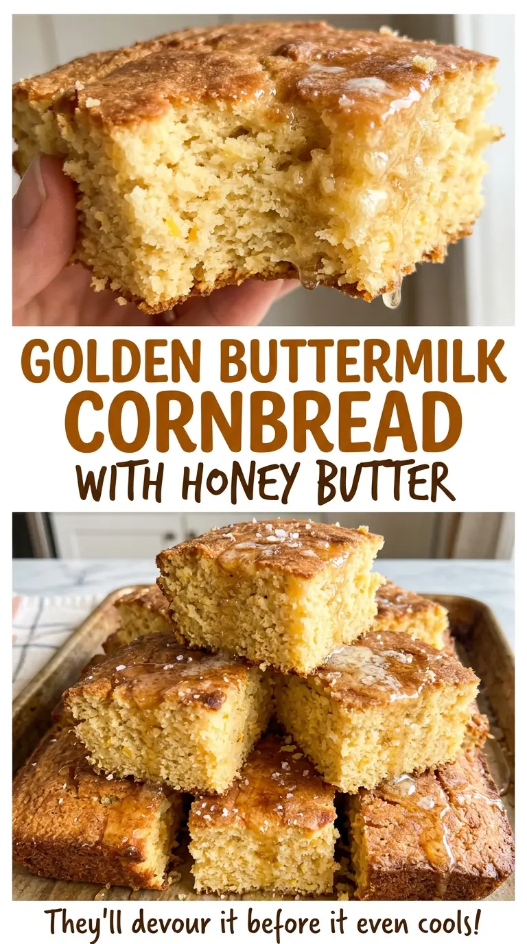 Golden Buttermilk Cornbread with Honey Butter with browned top and soft center