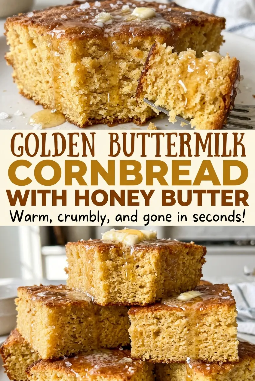 Golden Buttermilk Cornbread with Honey Butter with golden edges and tender crumb