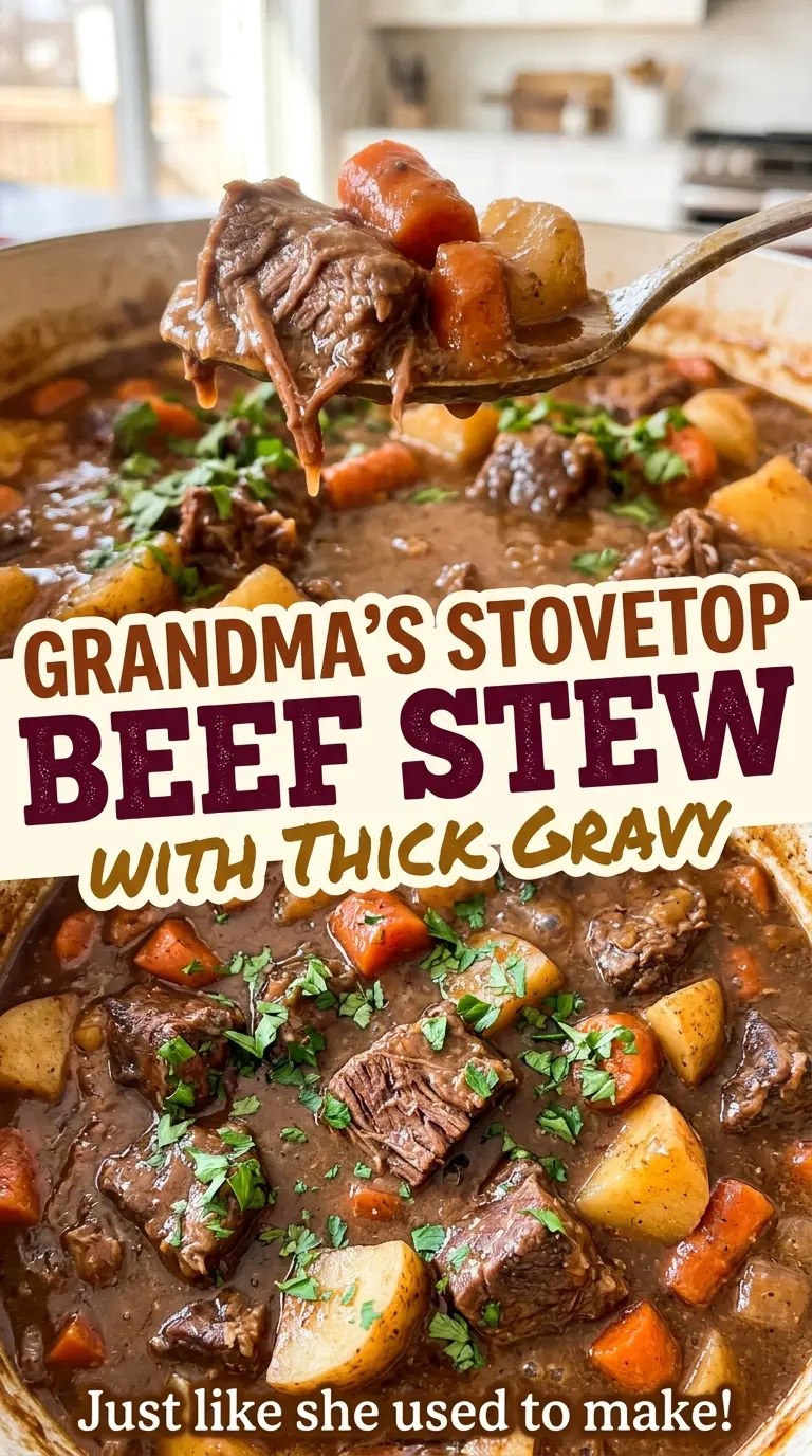 Grandma's stovetop beef stew with thick gravy, tender and hearty