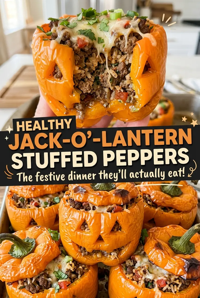 Jack-O'-lantern stuffed peppers bubbling turkey rice