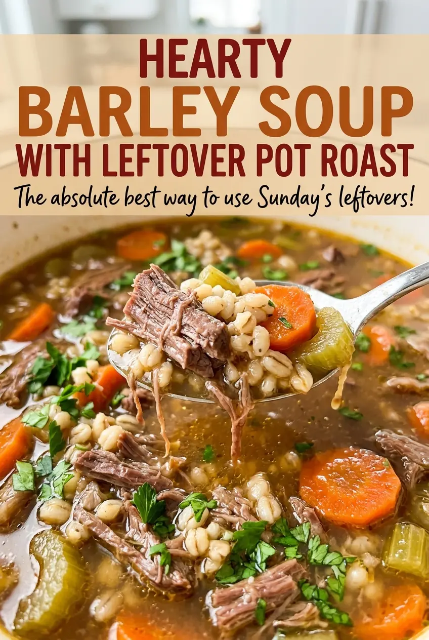 Hearty beef barley soup with tender beef and pearl barley