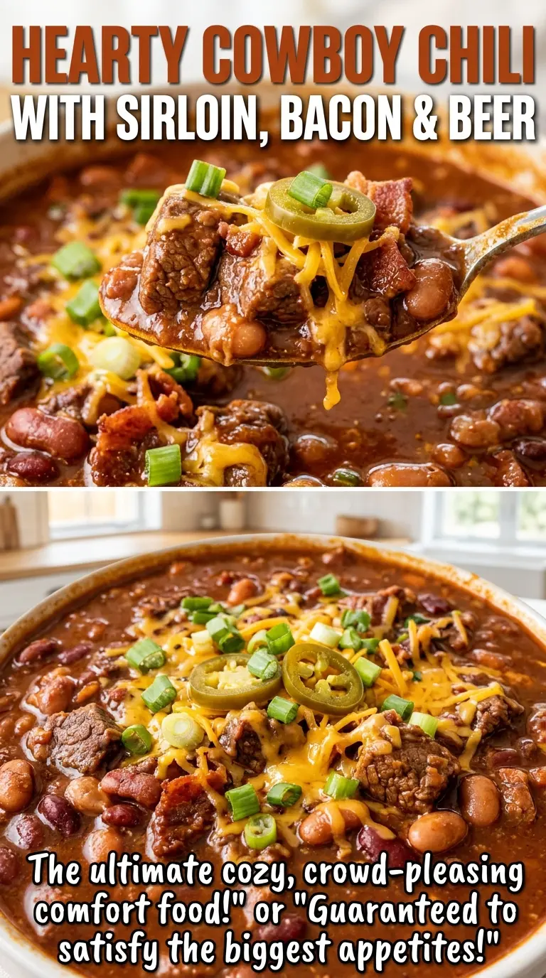 Hearty Cowboy Chili with Sirloin, Bacon and Beer, smoky and chunky