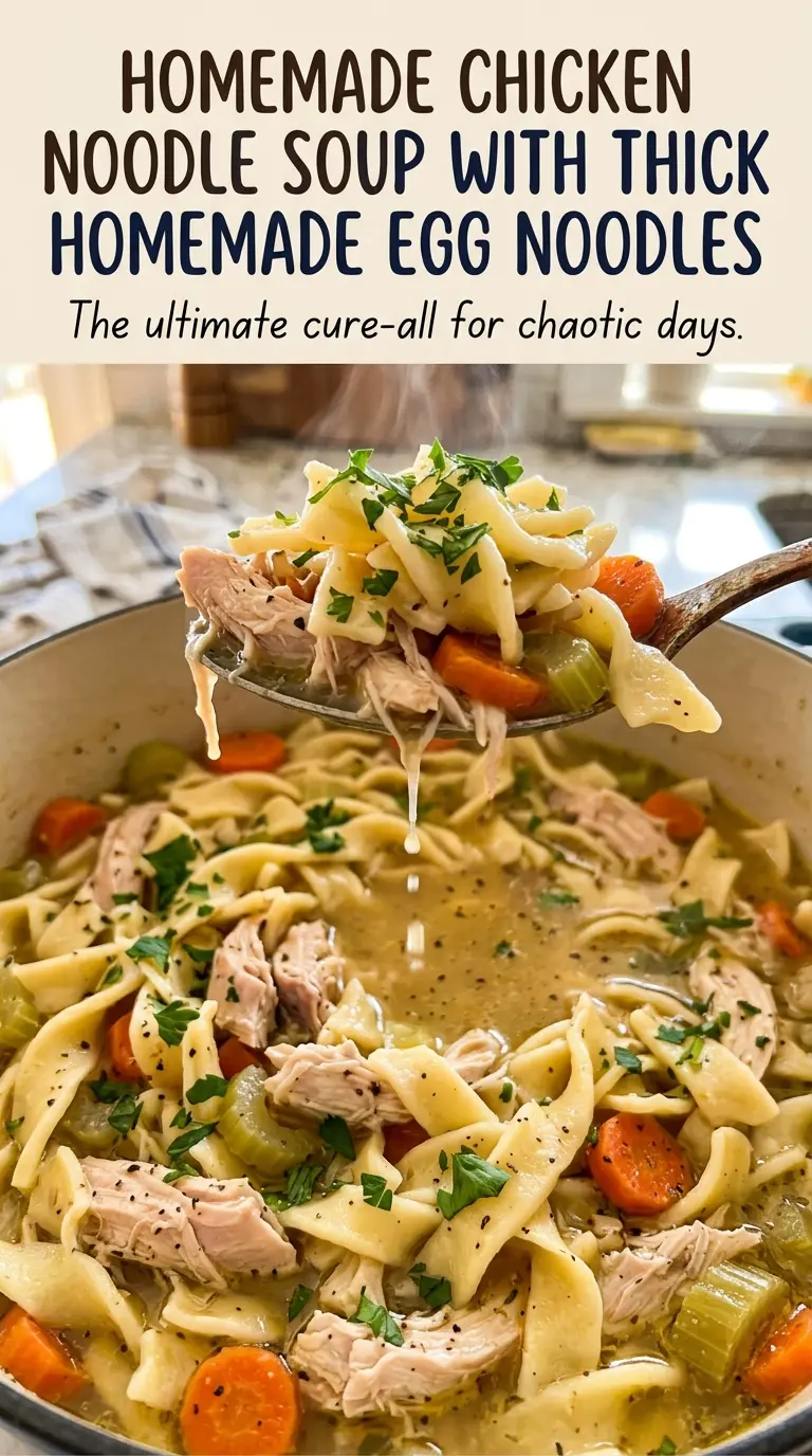 Homemade chicken noodle soup with hearty egg noodles