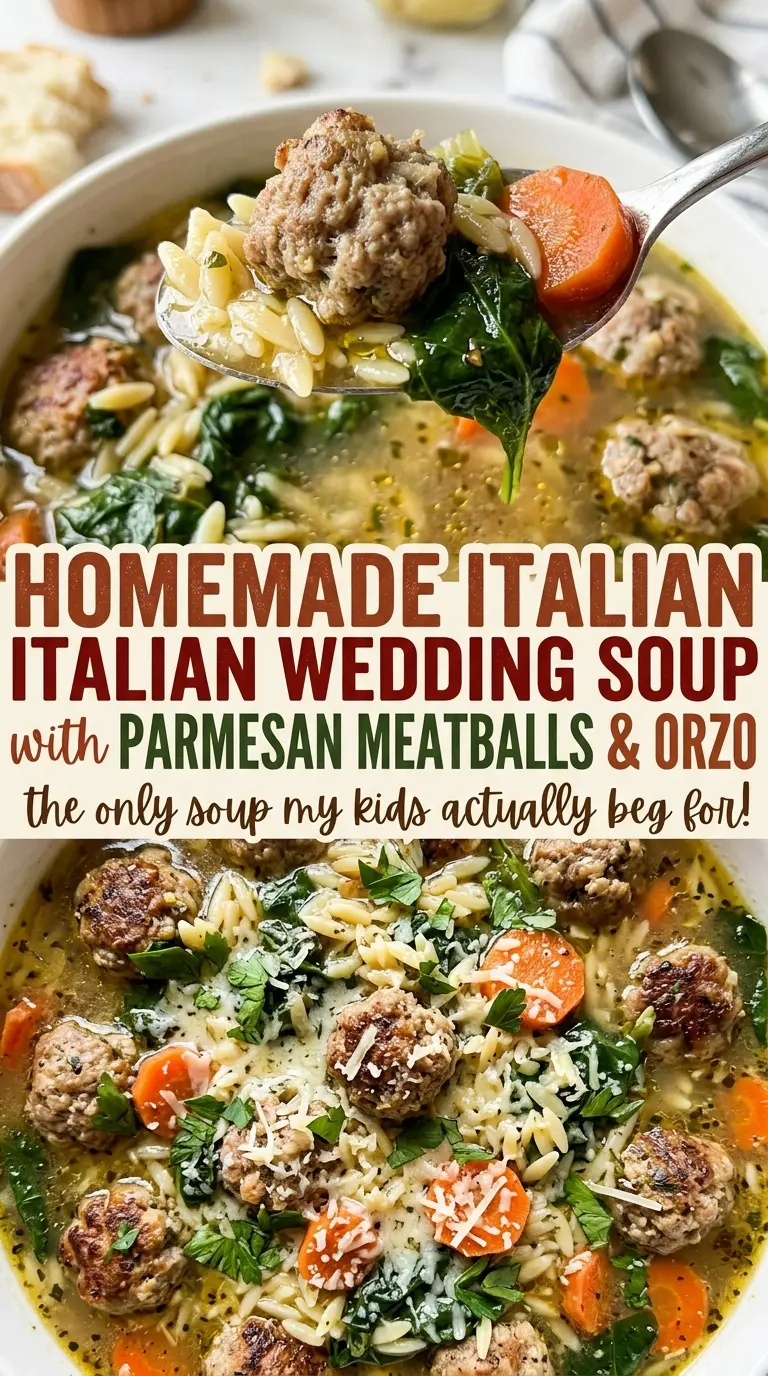 Homemade Italian wedding soup with Parmesan meatballs and wilted spinach