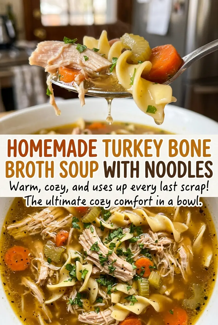 Homemade Turkey Bone Broth Soup with Noodles, rich and steaming