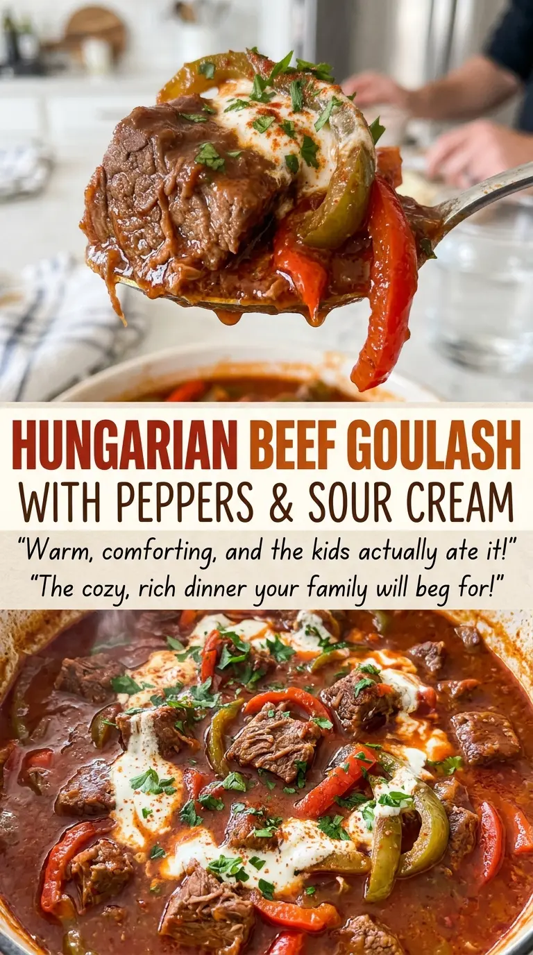 Hungarian beef goulash with peppers and sour cream, paprika-rich and tender