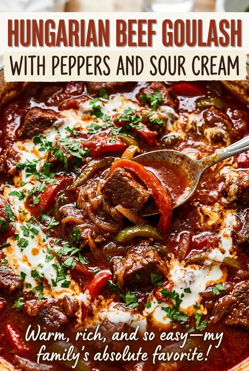 Hungarian beef goulash with peppers and sour cream, paprika-rich and tender