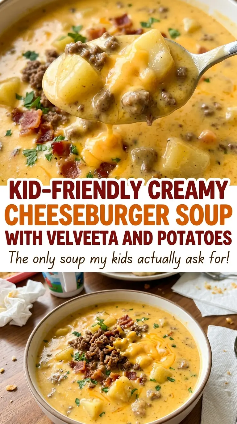 Kid-Friendly Creamy Cheeseburger Soup with Velveeta and Potatoes, cheesy and comforting