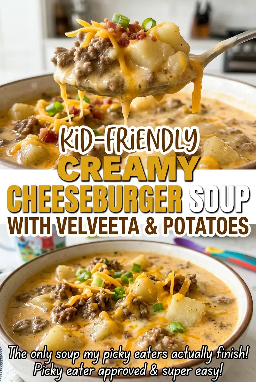 Kid-Friendly Creamy Cheeseburger Soup with Velveeta and Potatoes, creamy and hearty