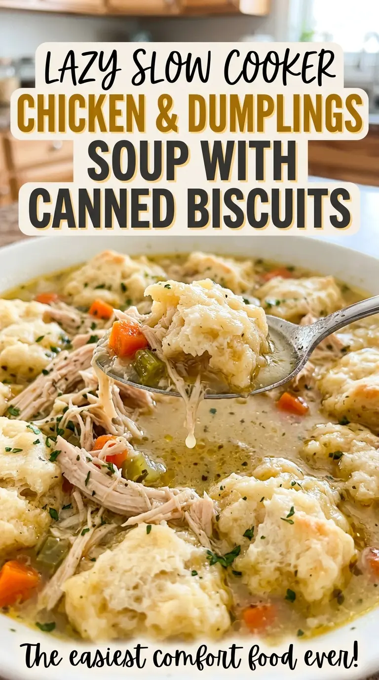 Lazy Slow Cooker Chicken and Dumplings Soup with Canned Biscuits, creamy and hearty