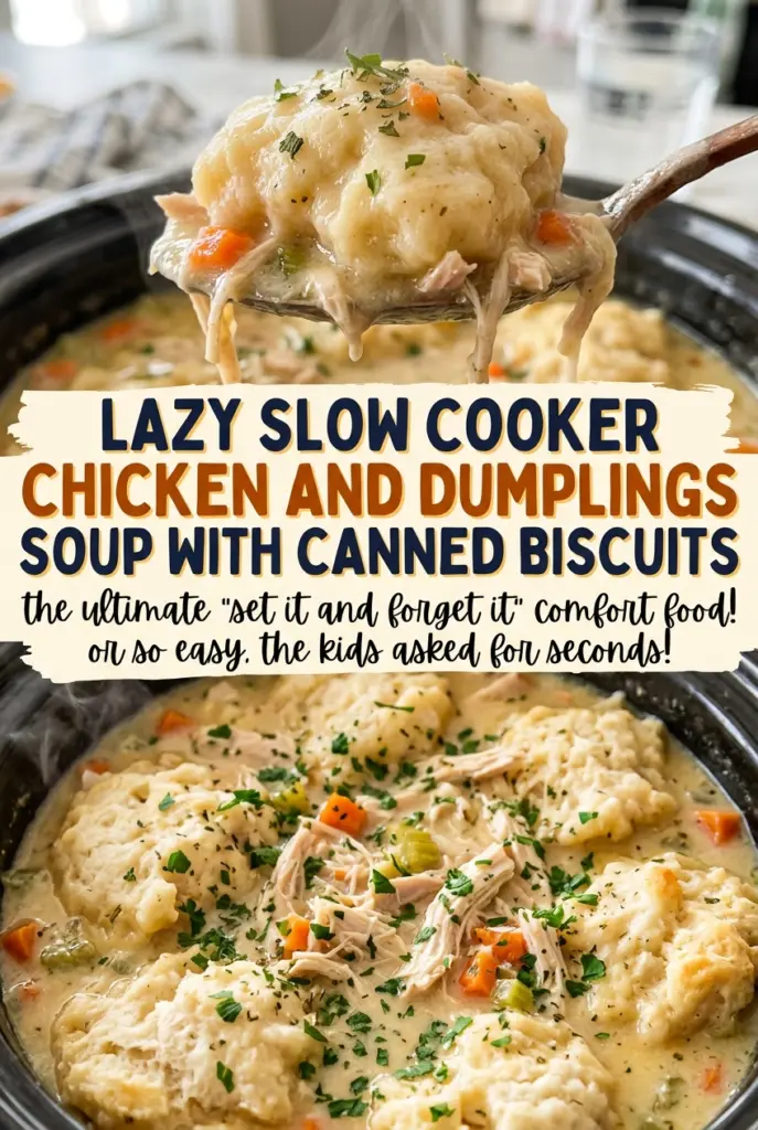 Lazy Slow Cooker Chicken and Dumplings Soup with Canned Biscuits
