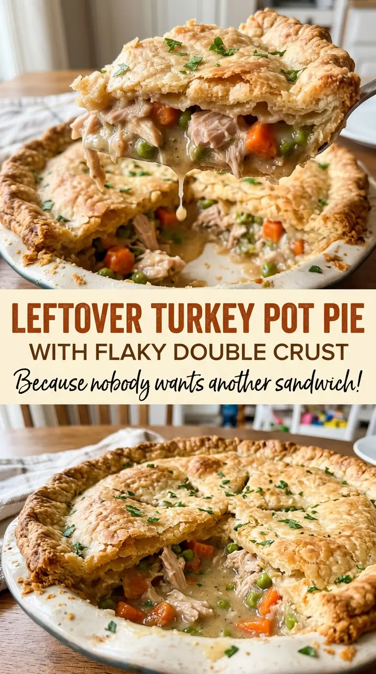 Leftover turkey pot pie with flaky golden double crust