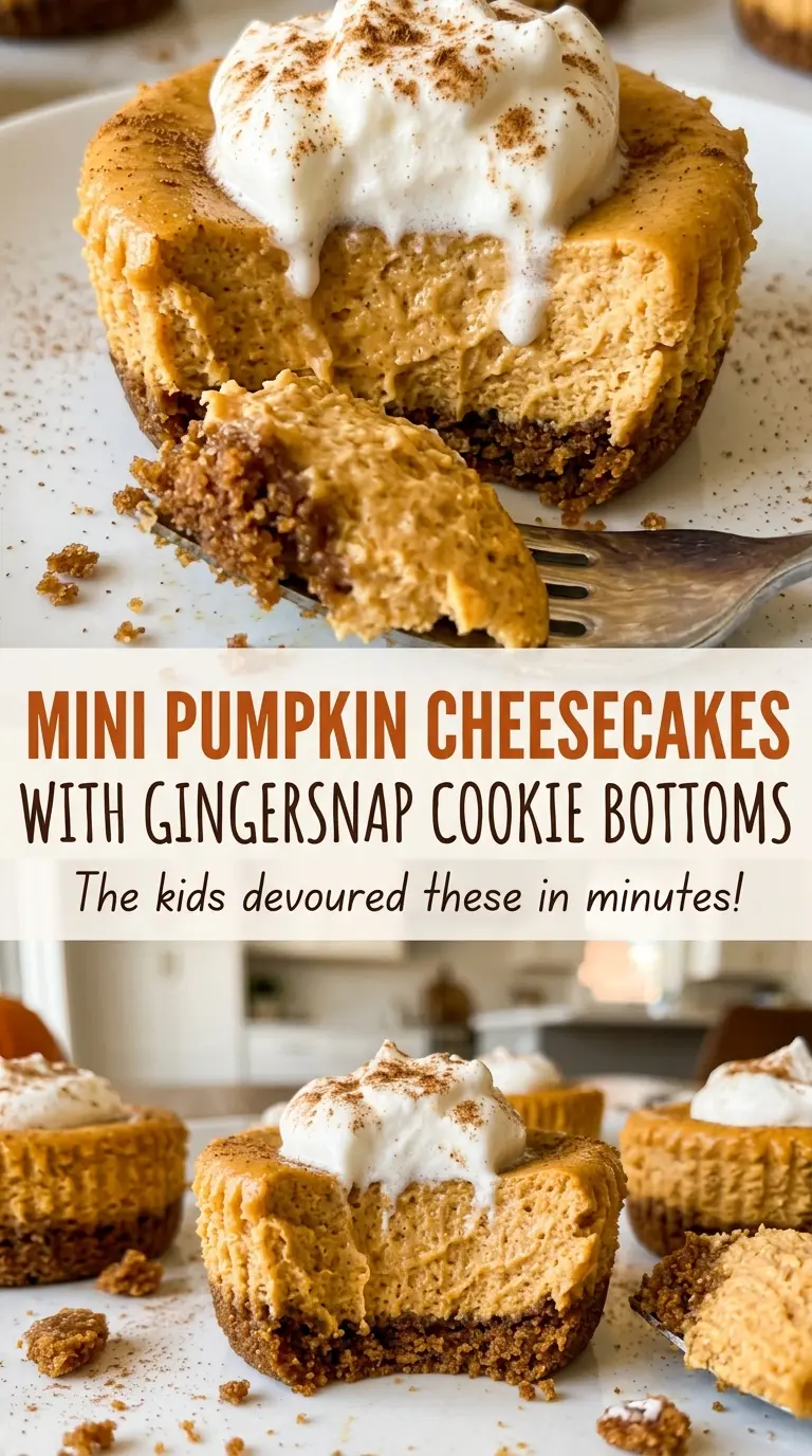 Mini Pumpkin Cheesecakes with Gingersnap Cookie Bottoms, creamy spiced centers