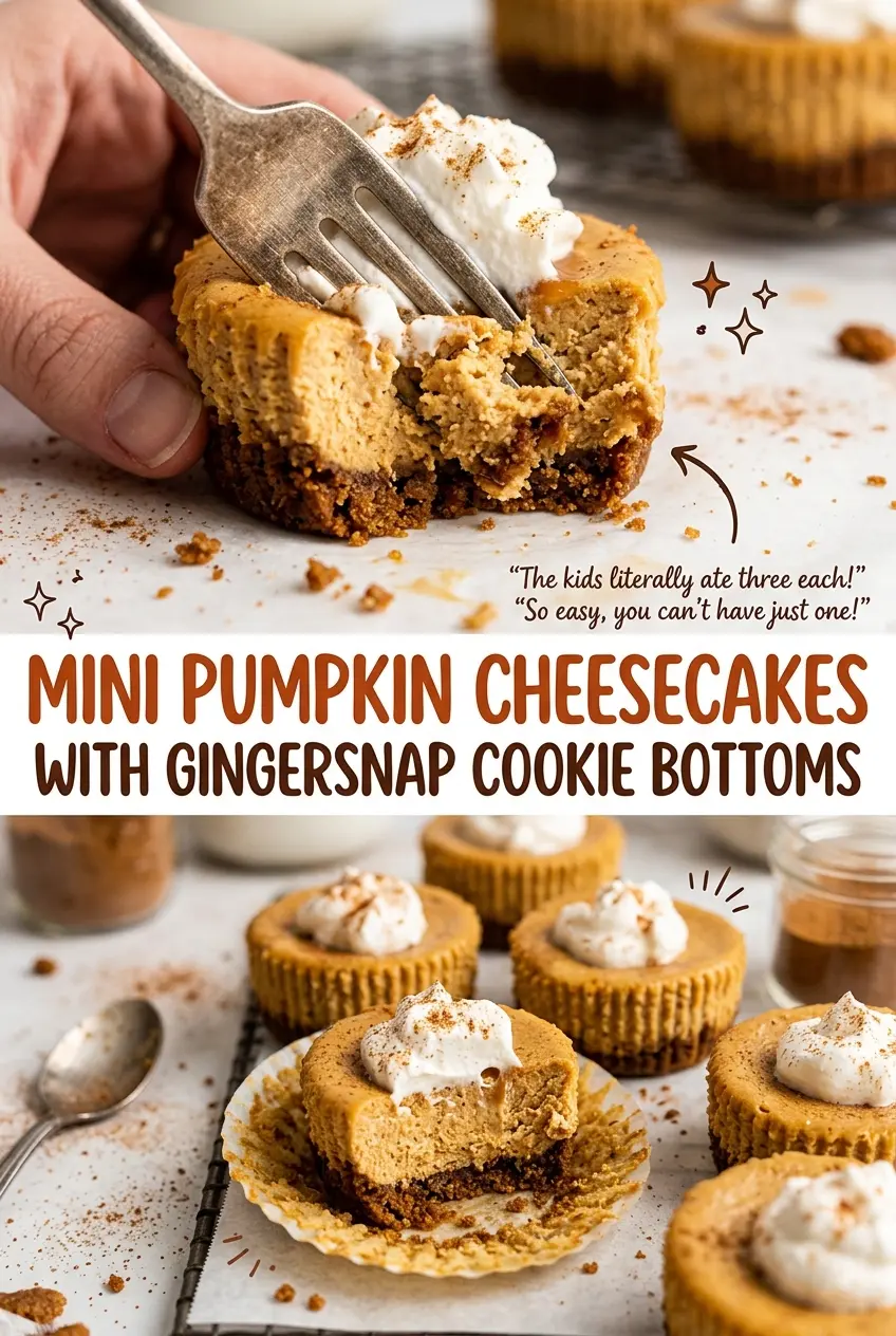 Mini Pumpkin Cheesecakes with Gingersnap Cookie Bottoms, creamy spiced centers