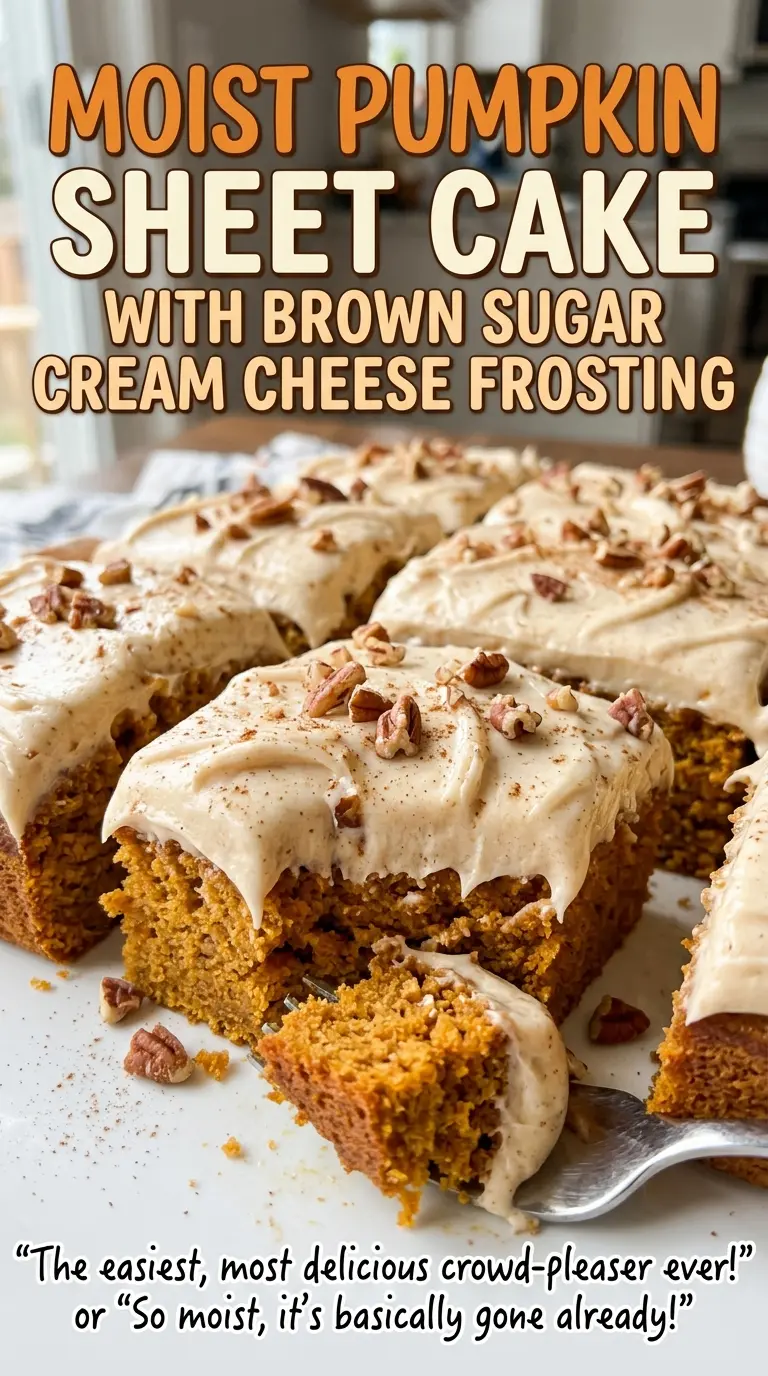 Moist Pumpkin Sheet Cake with Brown Sugar Cream Cheese Frosting, creamy brown sugar topping