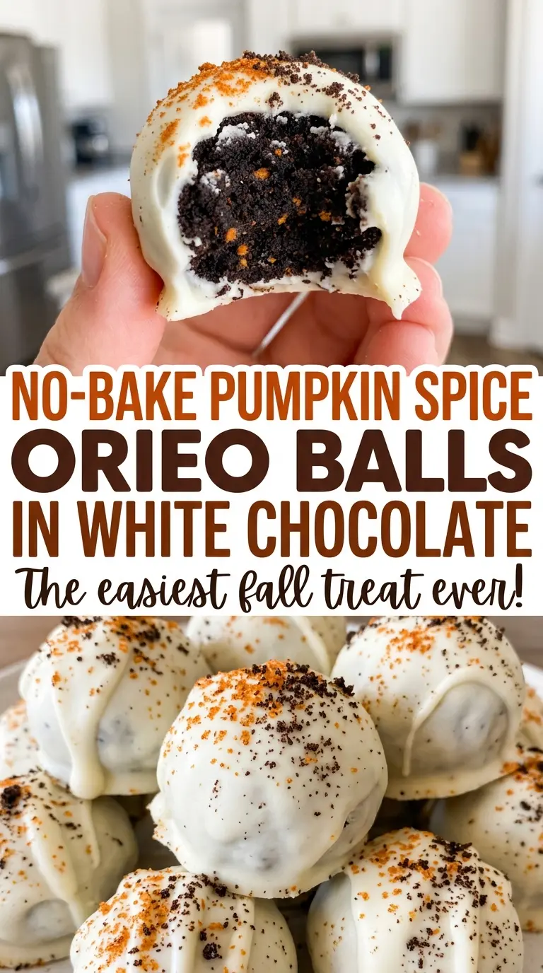 No-Bake Pumpkin Spice Oreo Balls Dipped in White Chocolate with creamy centers