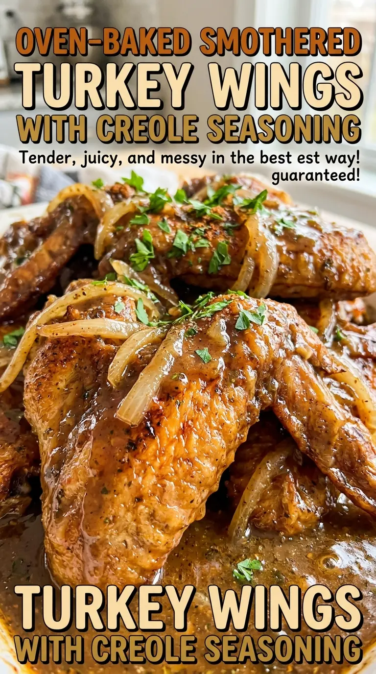 Oven-baked smothered turkey wings with Creole seasoning, savory and tender