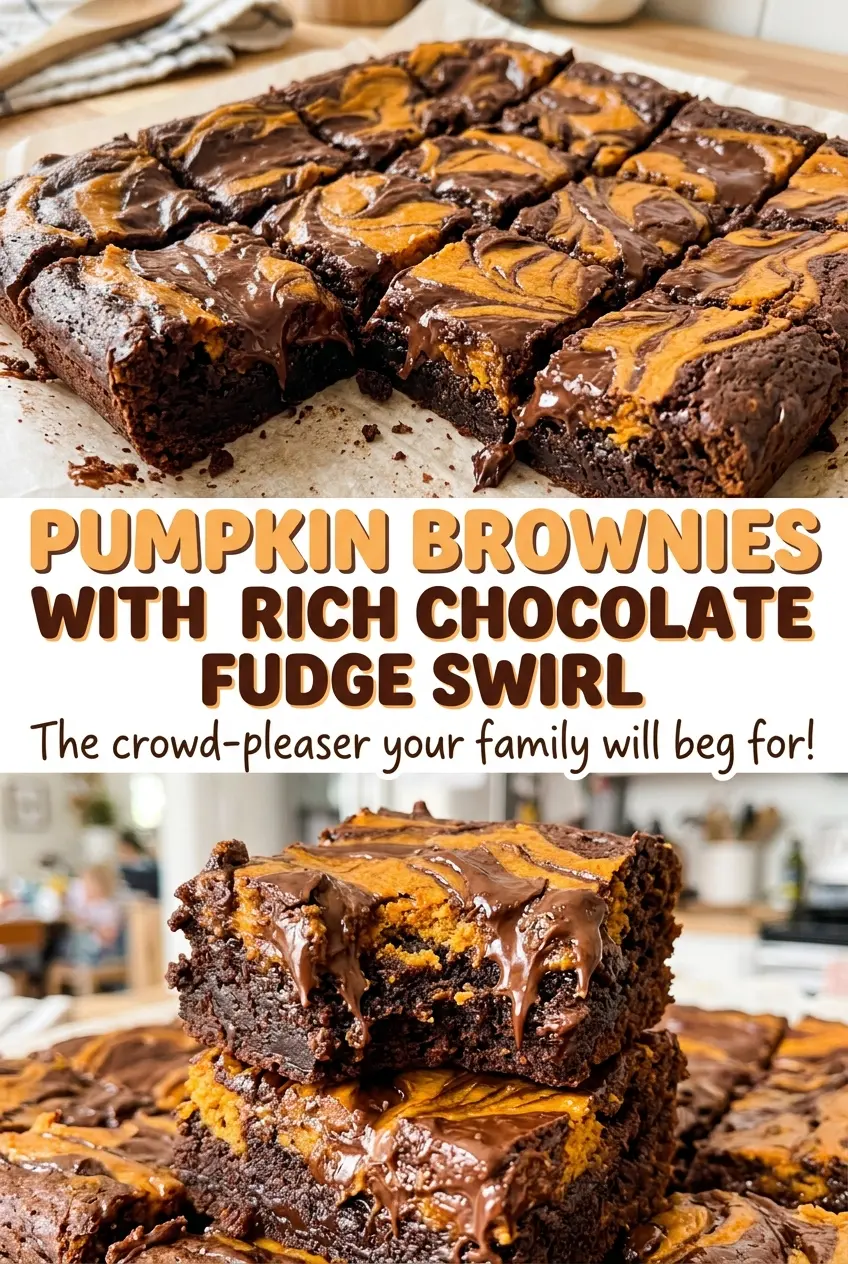 Pumpkin brownies with rich chocolate fudge swirl, tender marbled squares