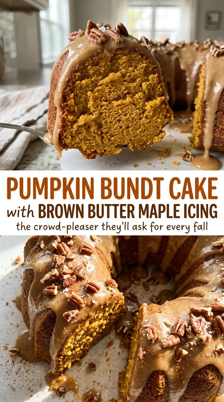 Pumpkin Bundt Cake Glazed with Brown Butter Maple Icing, tender and glossy