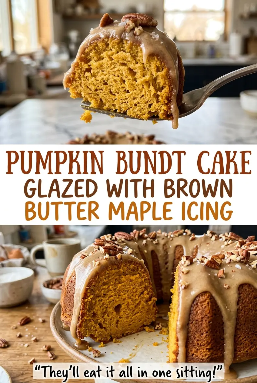 Pumpkin Bundt Cake Glazed with Brown Butter Maple Icing, golden and warmly spiced