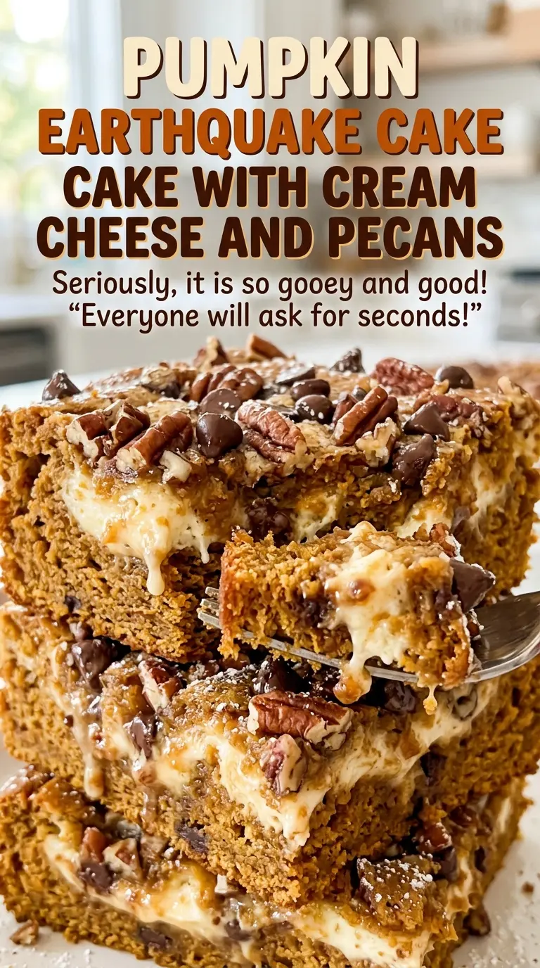 Pumpkin Earthquake Cake with Cream Cheese and Pecans, creamy pecan swirl