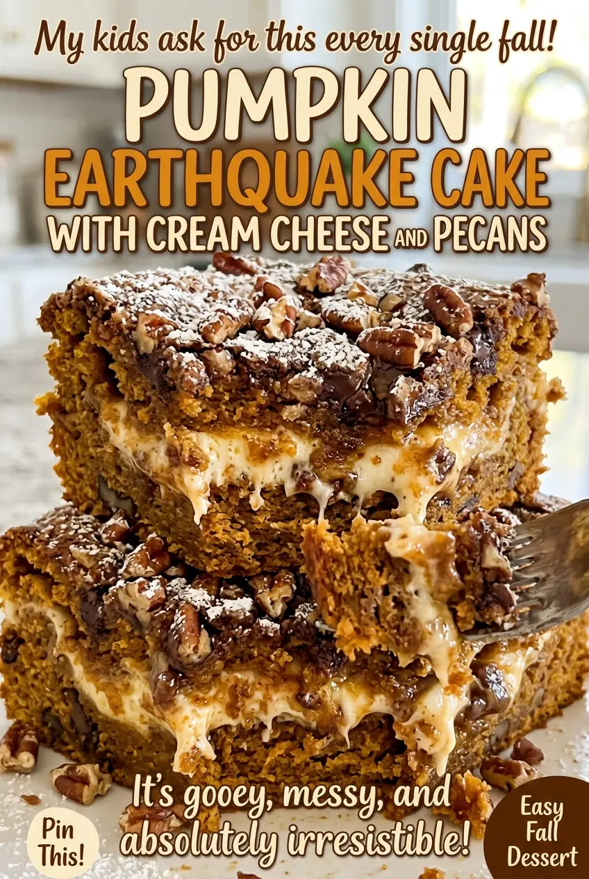 Pumpkin Earthquake Cake with Cream Cheese and Pecans, marbled golden top