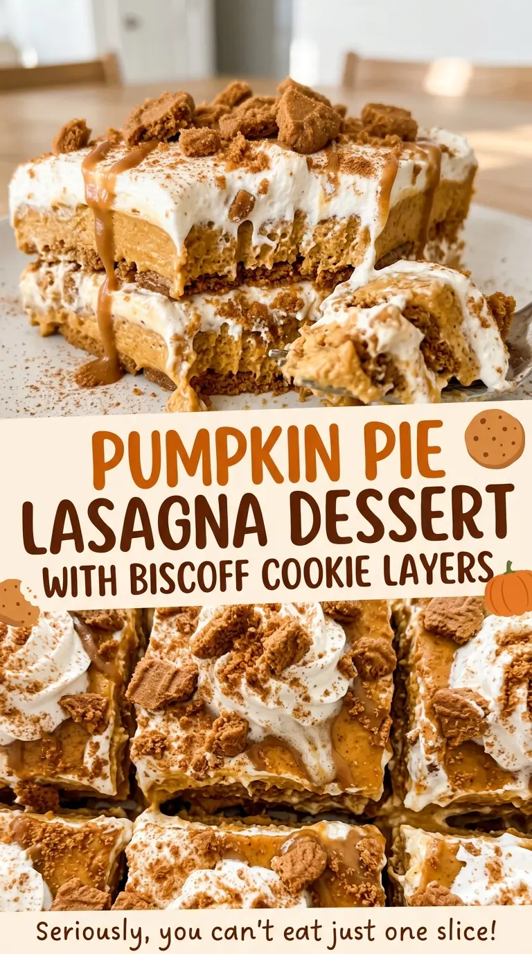 Pumpkin pie lasagna dessert with Biscoff cookie layers, creamy and chilled