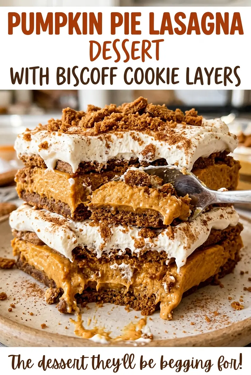 Pumpkin pie lasagna dessert with Biscoff cookie layers, creamy and chilled