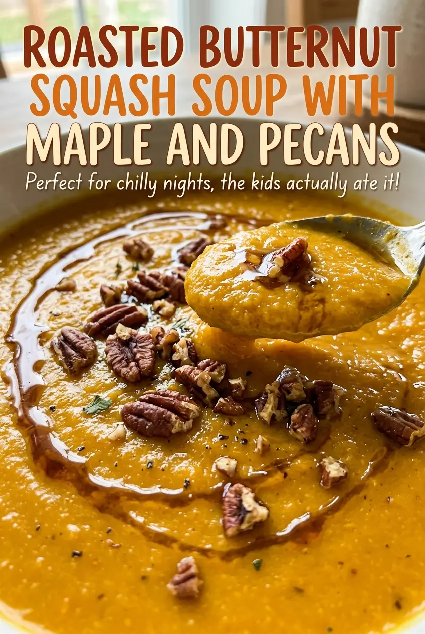 Roasted Butternut Squash Soup with Maple and Pecans, silky golden soup