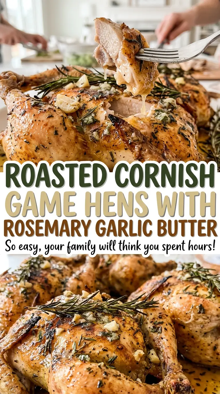 Roasted Cornish game hens with rosemary garlic butter, lemon-filled and aromatic