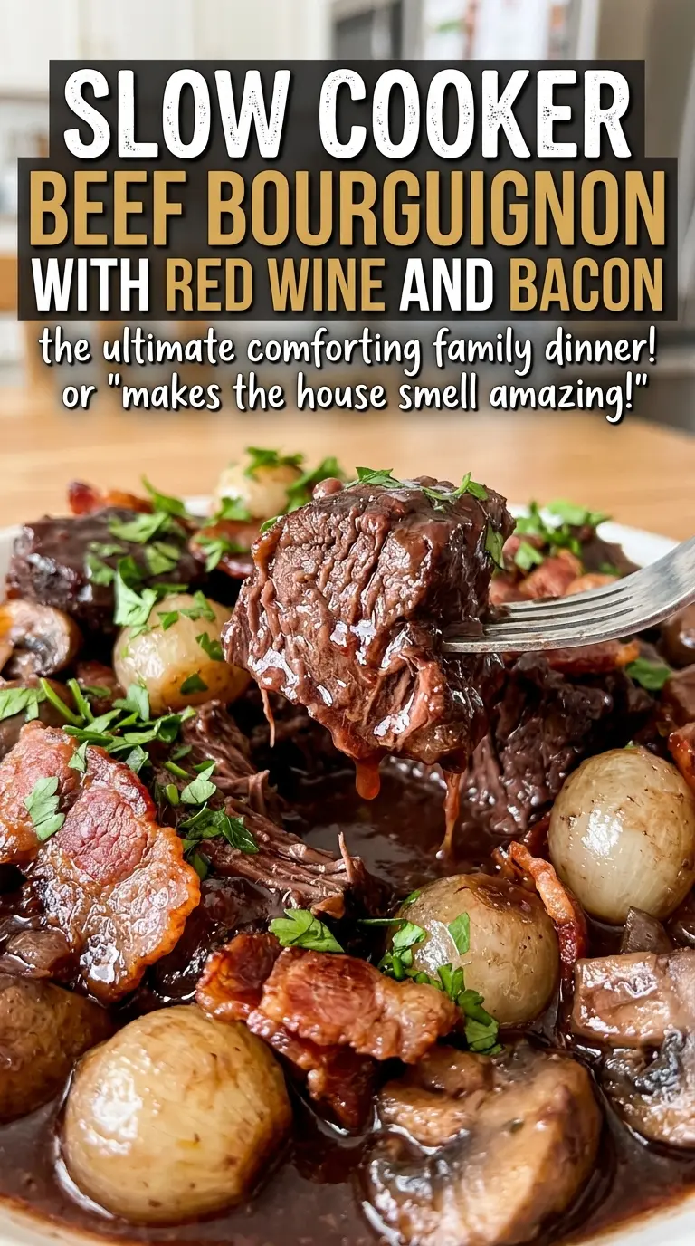 Slow Cooker Beef Bourguignon with Red Wine and Bacon, glossy sauce