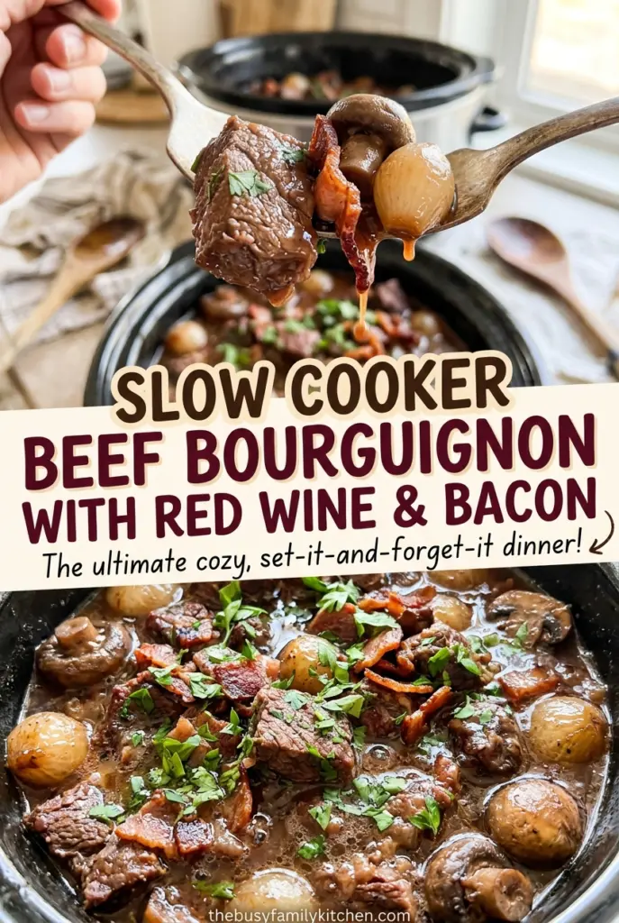 Slow Cooker Beef Bourguignon with Red Wine and Bacon