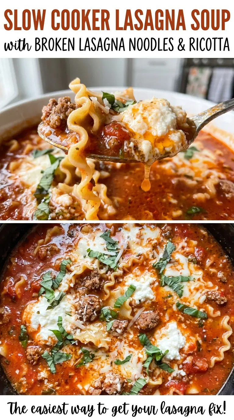 Slow cooker lasagna soup with tender noodles and creamy topping