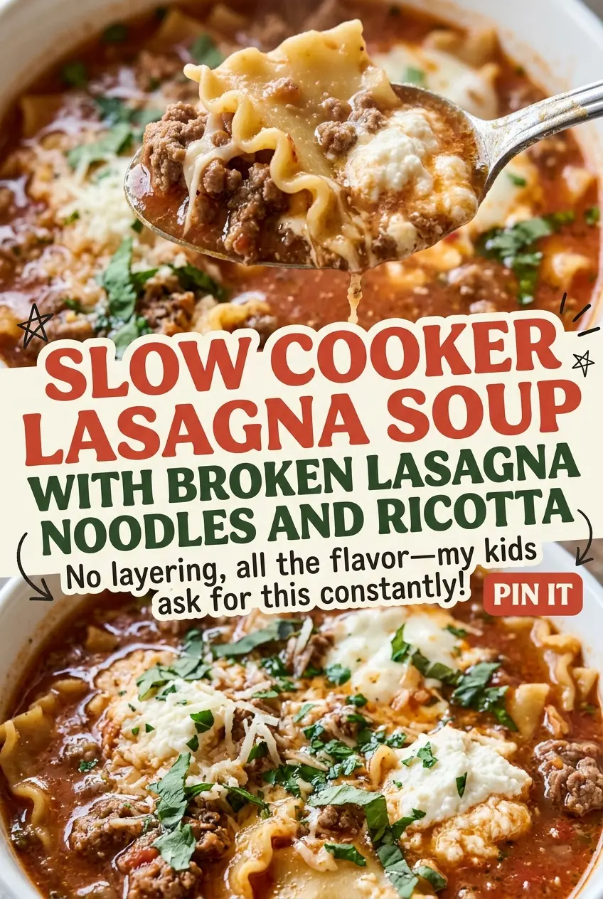Slow cooker lasagna soup, tomato-rich and topped with ricotta