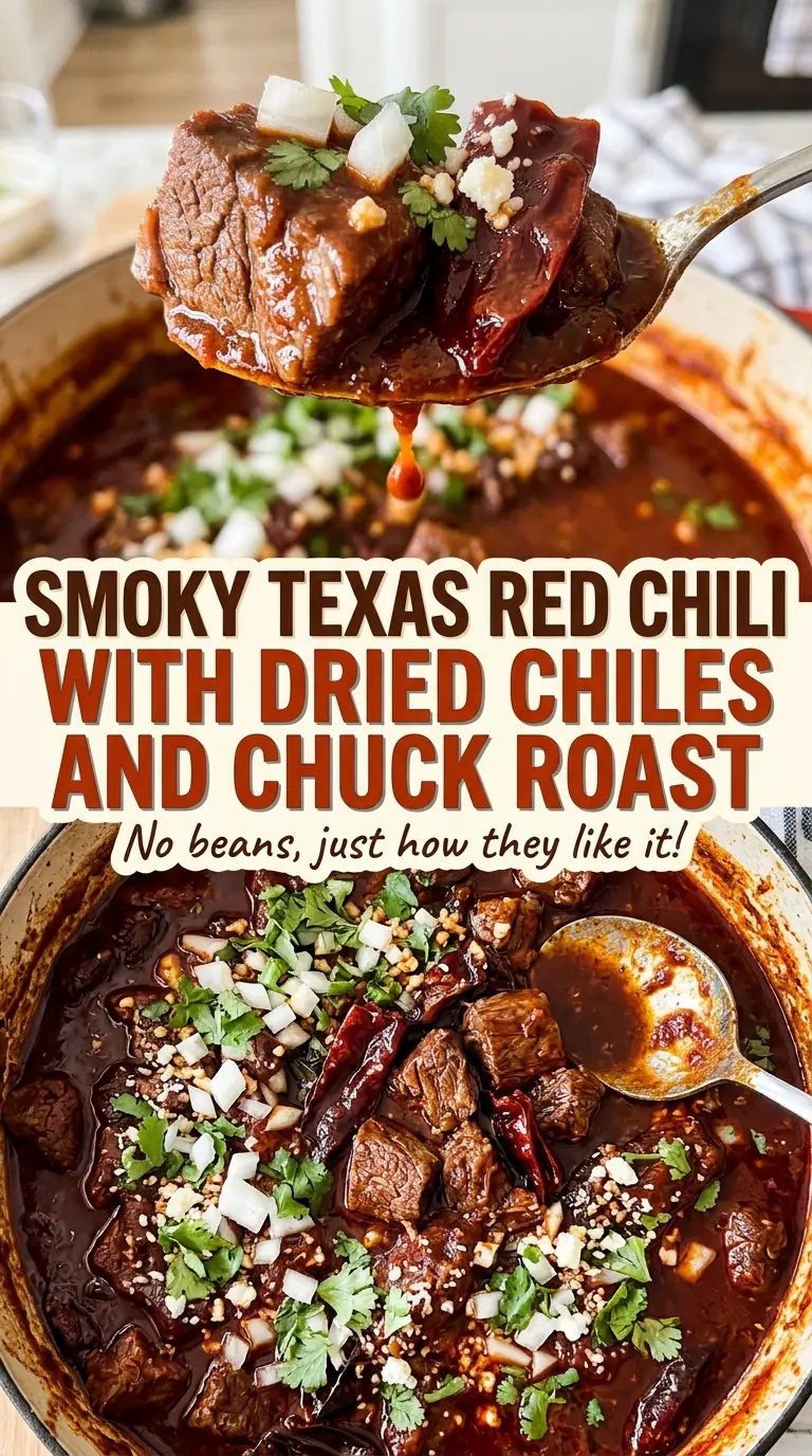 Smoky Texas Red Chili with Dried Chiles and Chuck Roast, dark chile sauce