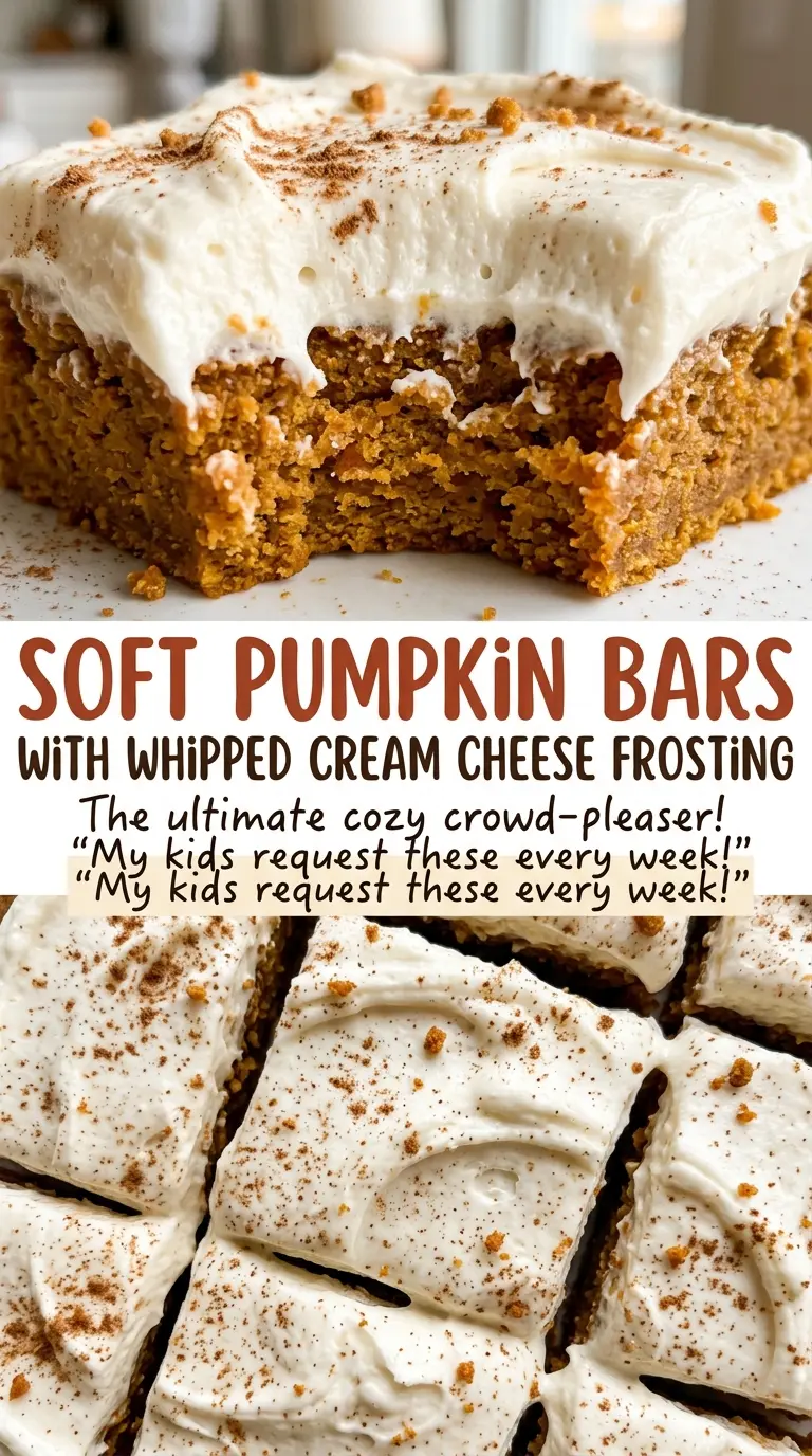 Soft pumpkin bars with whipped cream cheese frosting, creamy and tender