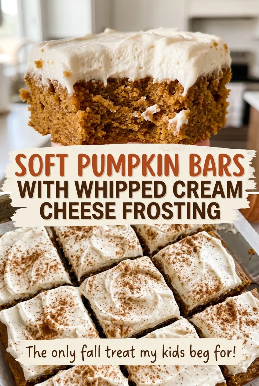Soft pumpkin bars with whipped cream cheese frosting, creamy and tender