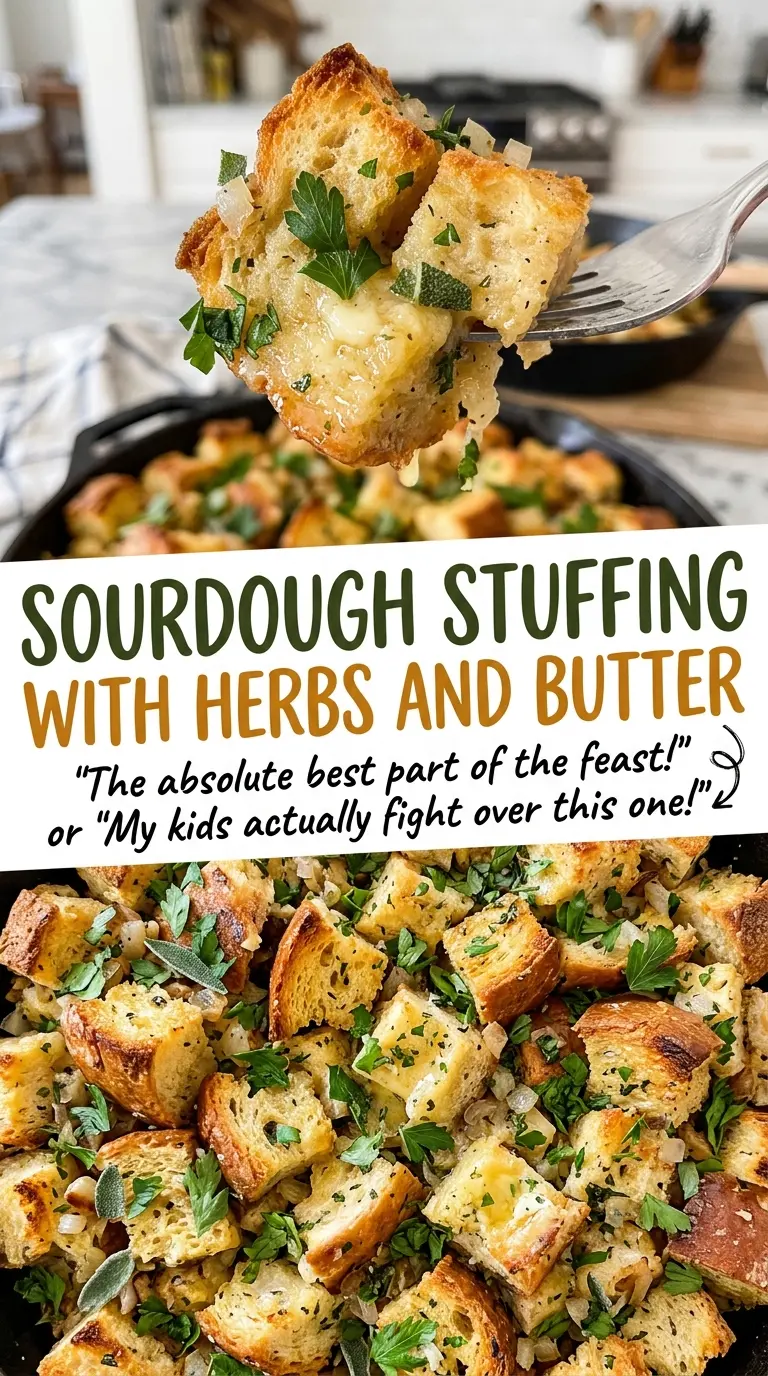 Sourdough stuffing with herbs and butter, golden and crisp