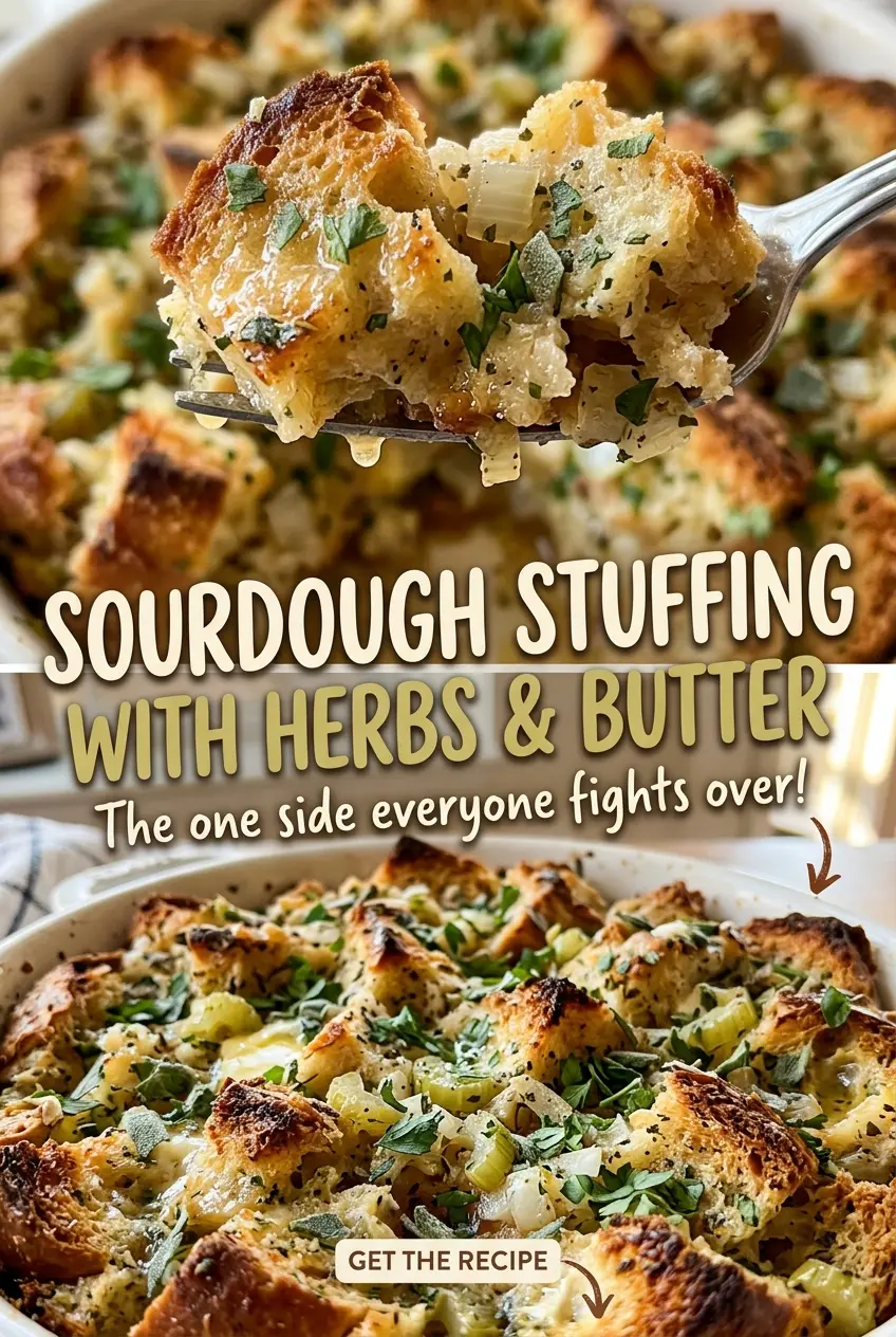 Sourdough stuffing with herbs and butter, golden and crisp
