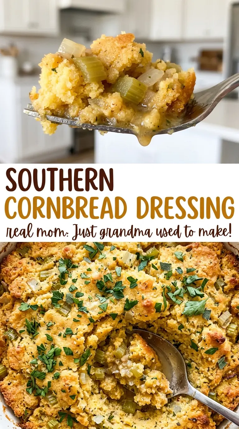 Southern Cornbread Dressing golden herb-flecked top