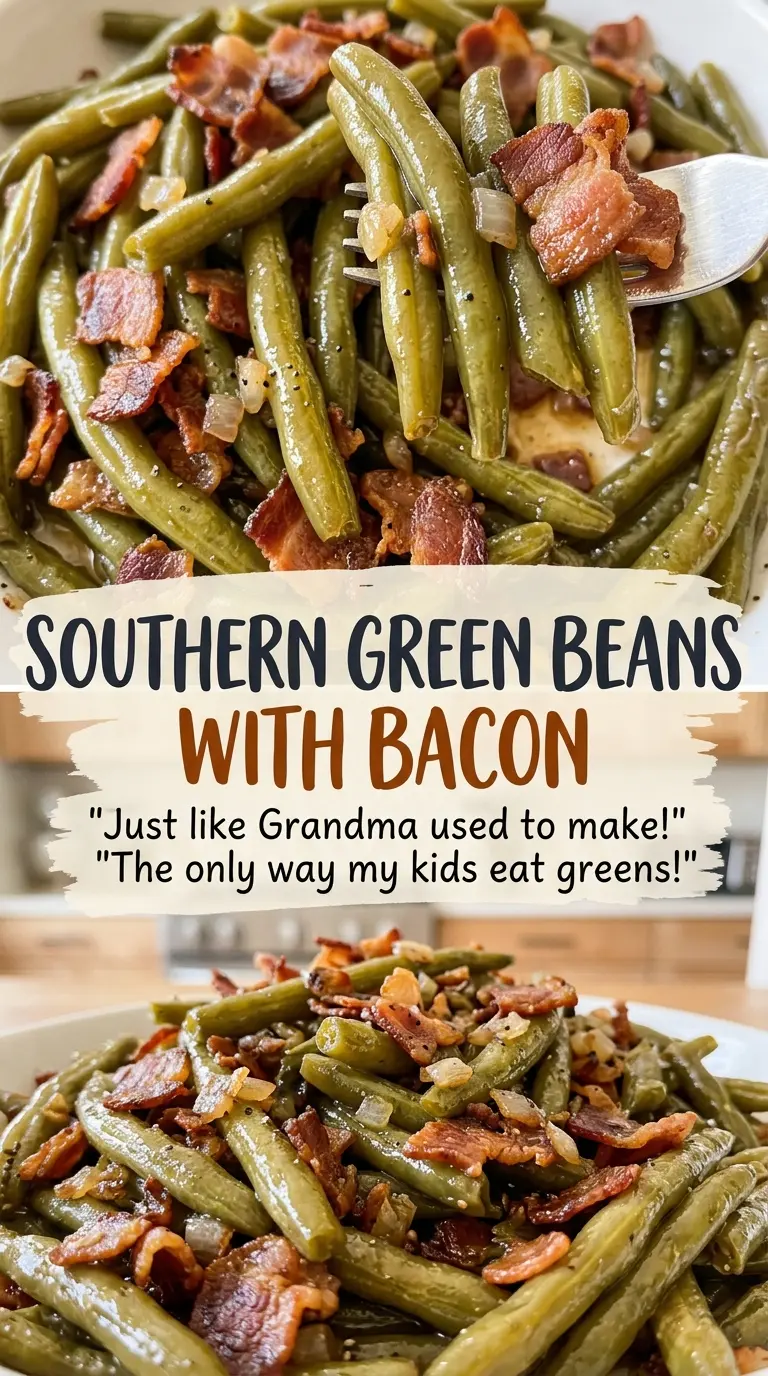 Southern green beans with bacon, crisp bacon topping